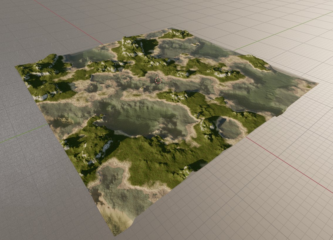 Procedural Blender terrain with wetland channels, grass, sand, and rock
