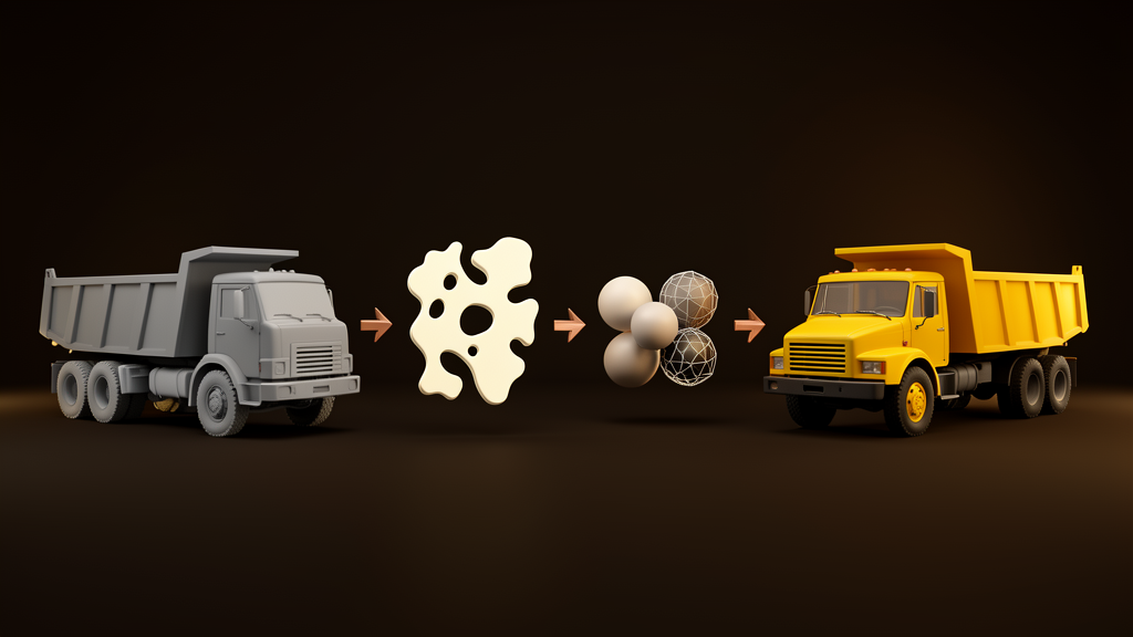 Text-free visualization of a dump-truck asset moving from raw mesh through UV and materials to a finished real-time model