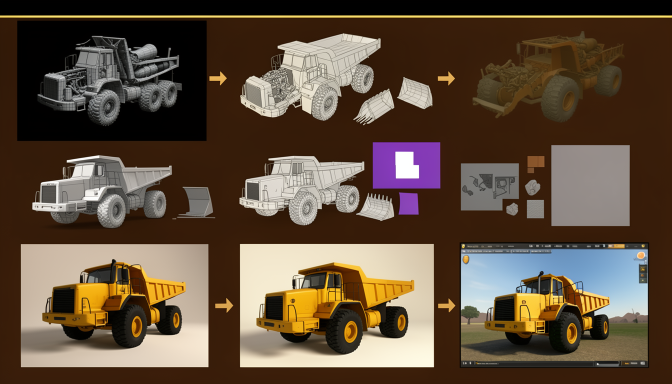 Conceptual heavy-equipment asset pipeline from source geometry to engine-ready model