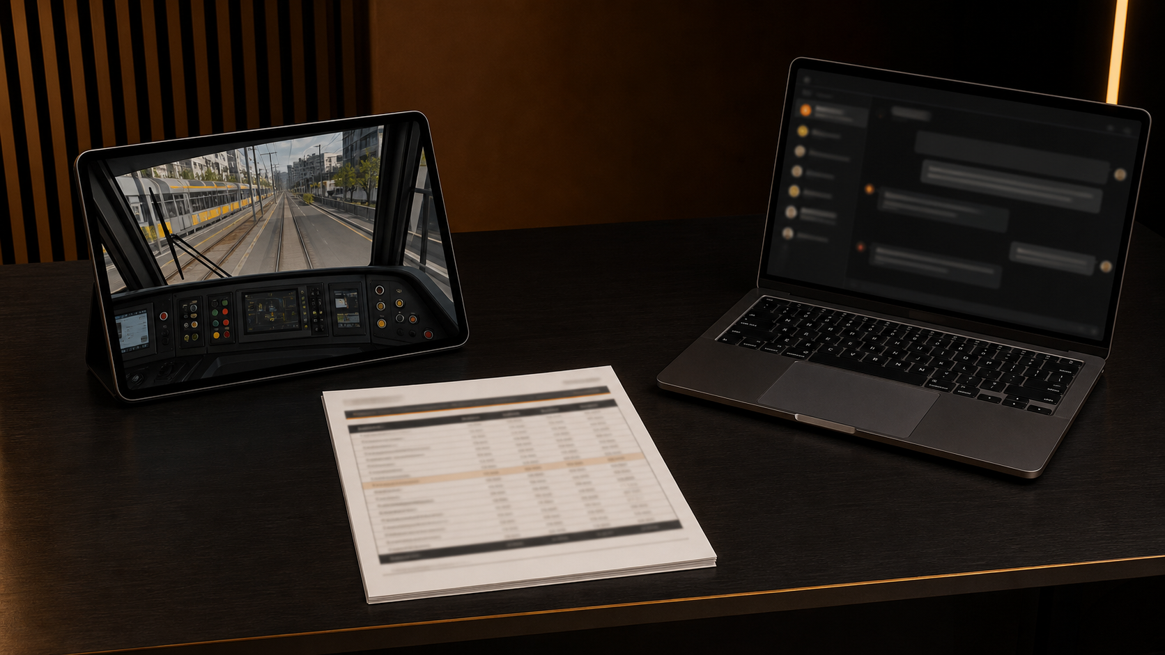 Light-rail controls, a proposal worksheet, and an AI work screen on a real project desk.