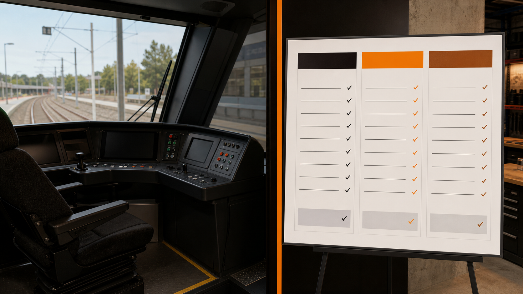 A working light-rail cab simulator beside a simple three-column scope comparison.