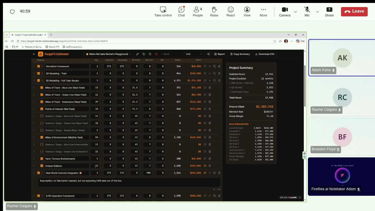 ForgeFX Estimator showing route and station scope
