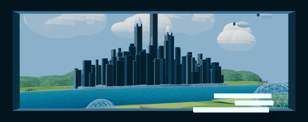 Early frame showing window parallax and the distant solarpunk city