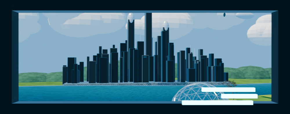 Mid-animation frame showing biodomes, fields, water, and city