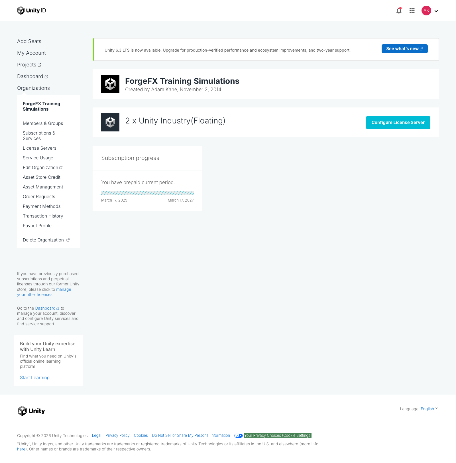 Unity floating Industry subscription page showing two seats