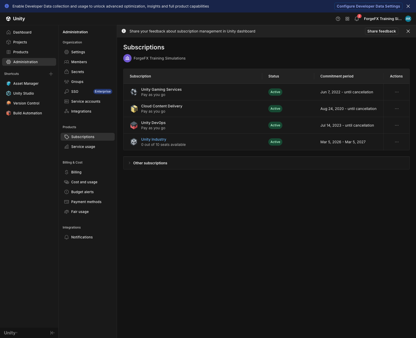 Unity organization subscriptions page showing ten Industry seats and zero available